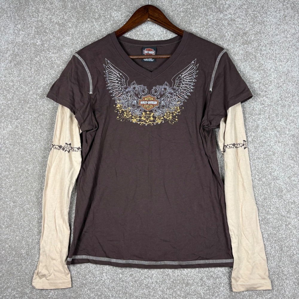 Harley-Davidson Womens XL Brown Layered Graphic Tee Duluth MN Rhinestone Winged